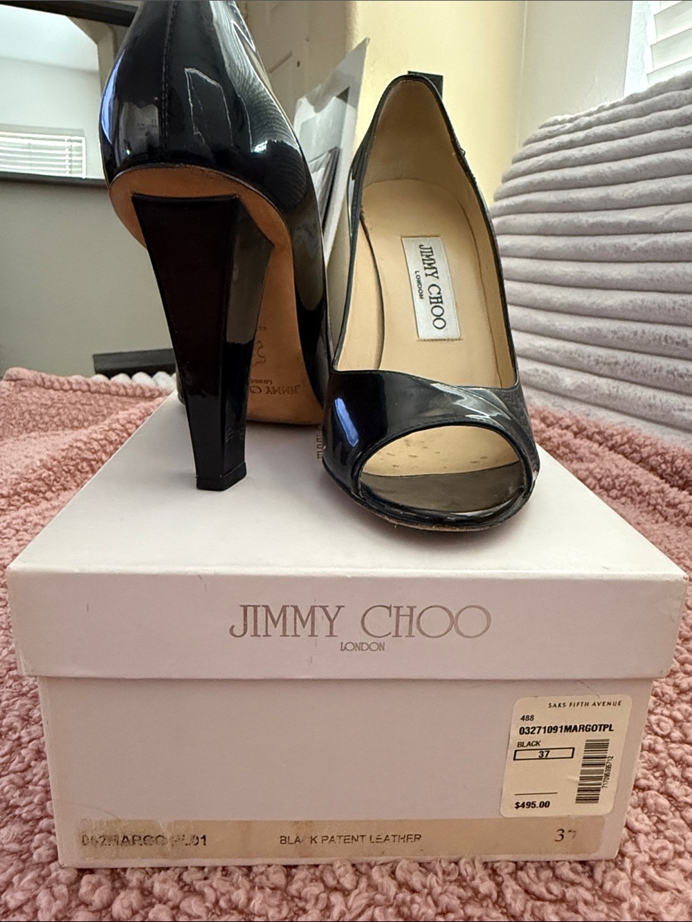 Jimmy Choo Black Patent Leather Peep-Toe Heels